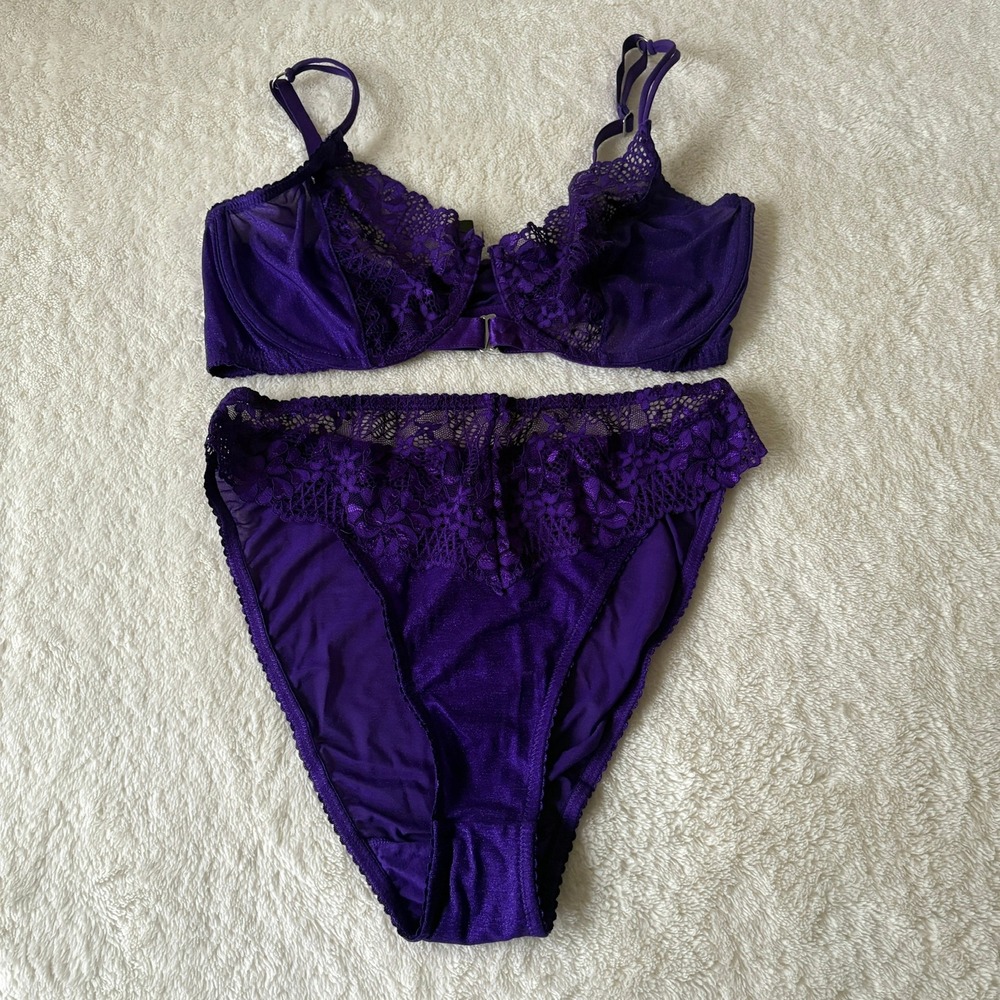 Lonely Label Lace Bra‎ Panty Lingerie Set 36D Large Front Clasp Underwire Purple
